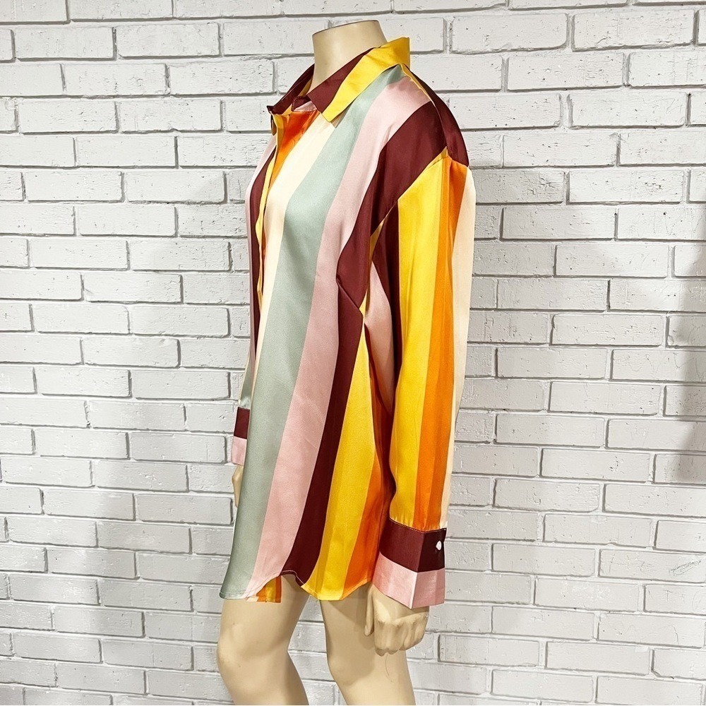 Fe Noel Vertical Stripe Satin 2 Piece Set Button Down Shirt and Wide Leg Pants - Picture 10 of 14